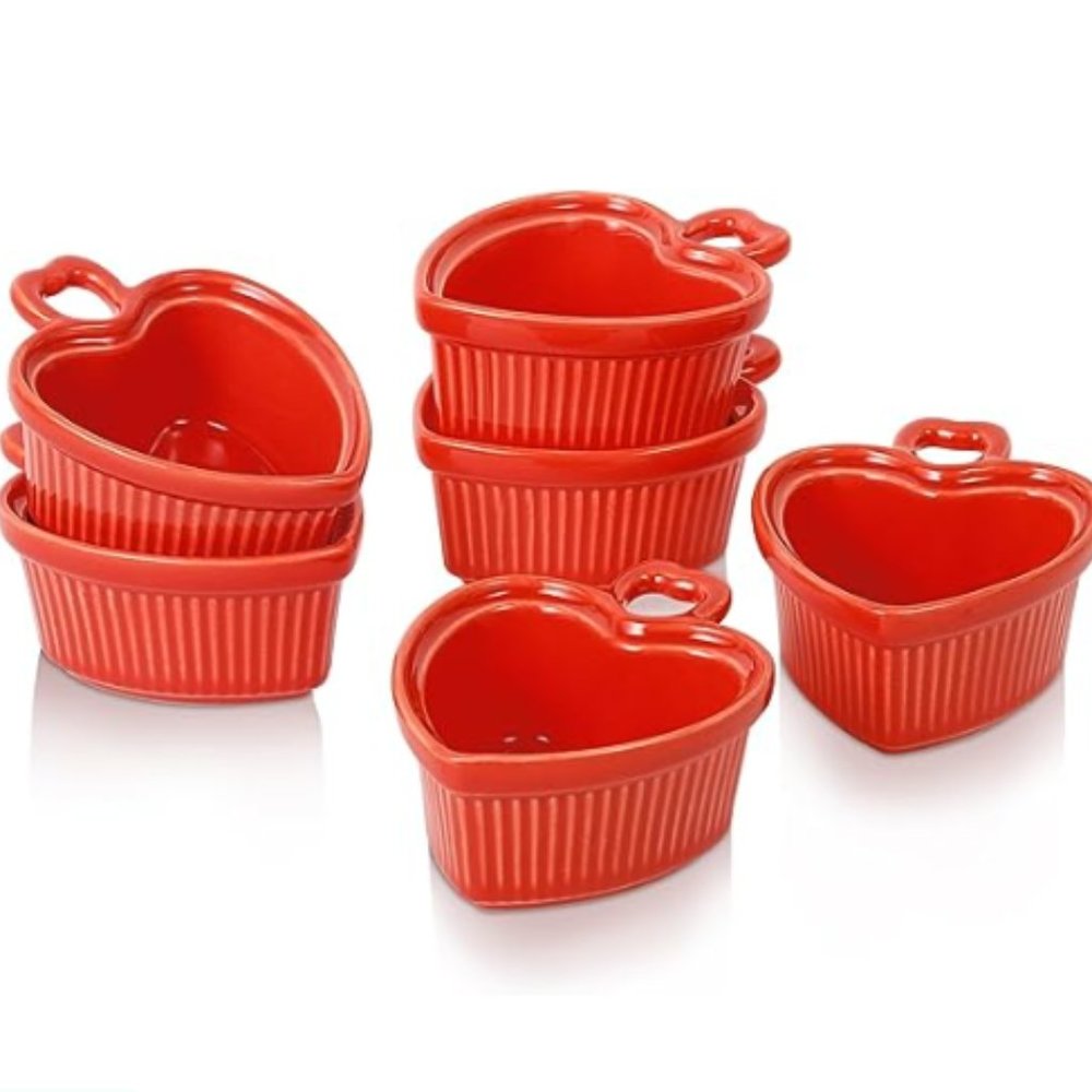 Set of 6 - Mini Heart-Shaped Red Ramekins - 2.7oz Porcelain Dipping Sauce Bowls